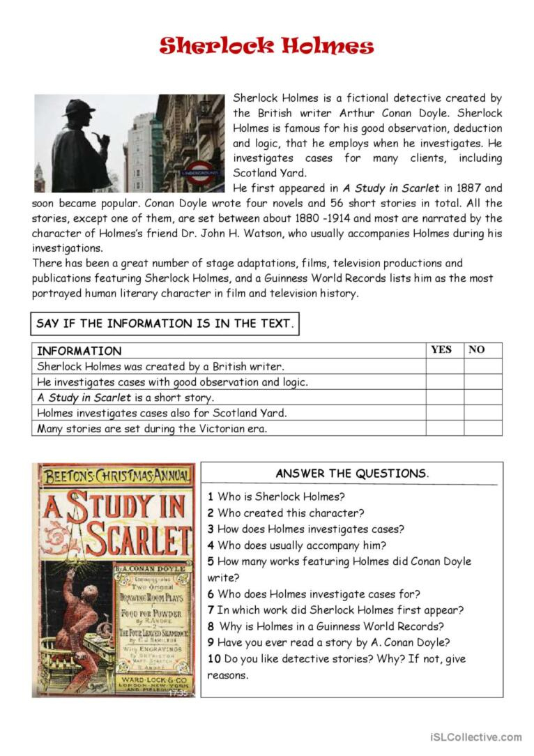 Sherlock Holmes - Easy Reading Findi…: English Esl Worksheets Pdf with Sherlock Holmes Reading Comprehension Worksheets