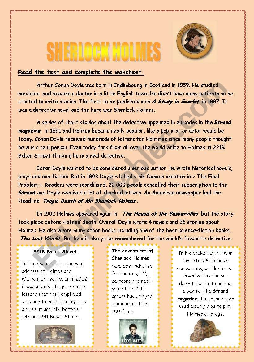 Sherlock Holmes, Presentation, Reading Comprehension, Crosswords inside Sherlock Holmes Reading Comprehension Worksheets