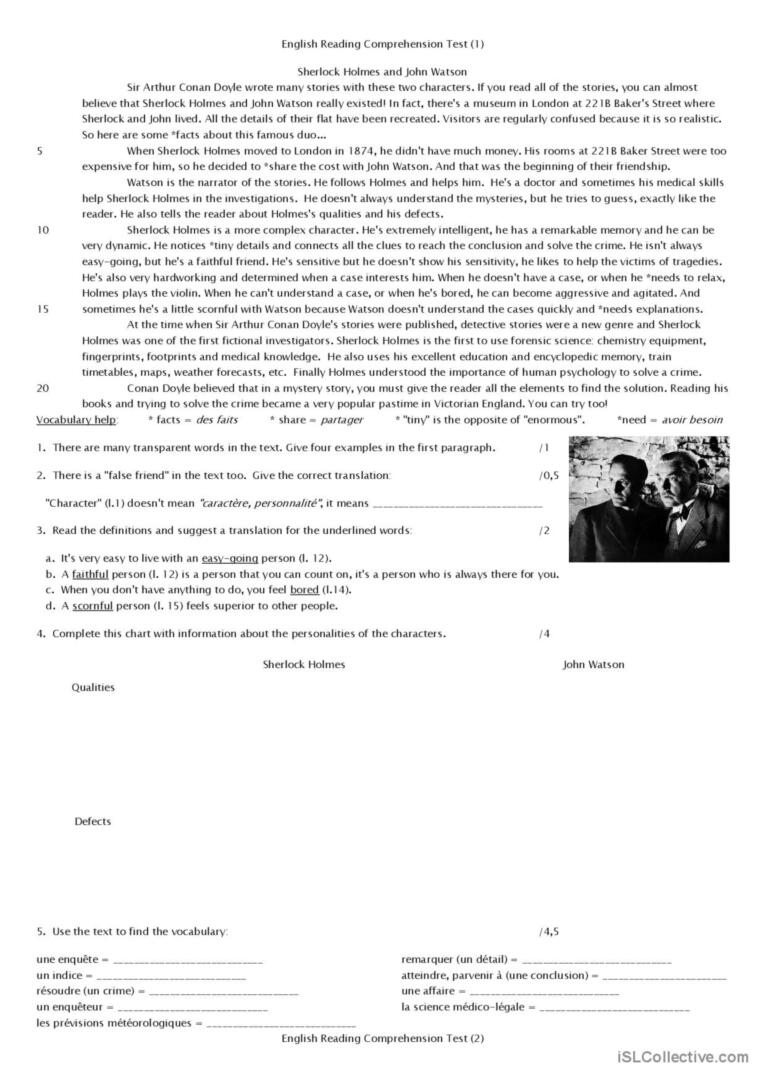 Sherlock Holmes Reading Comprehensio…: English Esl Worksheets Pdf intended for Sherlock Holmes Reading Comprehension Worksheets