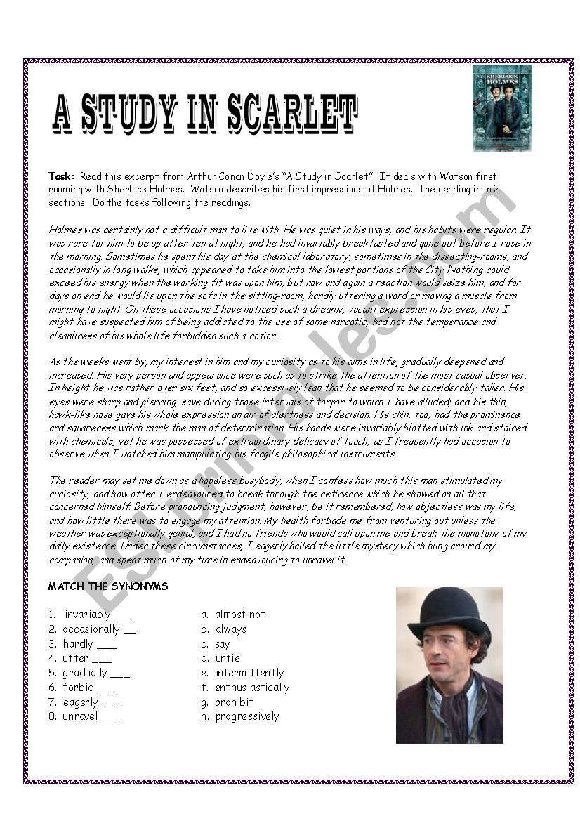 Sherlock Holmes Reading Exercise - Esl Worksheetestherlee76 intended for Sherlock Holmes Reading Comprehension Worksheets