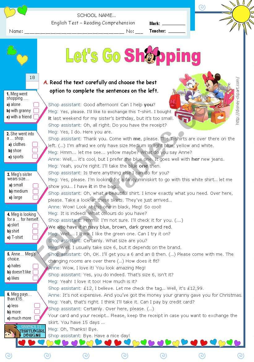 Shopping For Clothes - Reading Comprehension Test - Esl Worksheet with Fashion Reading Comprehension Worksheets Liveworksheets