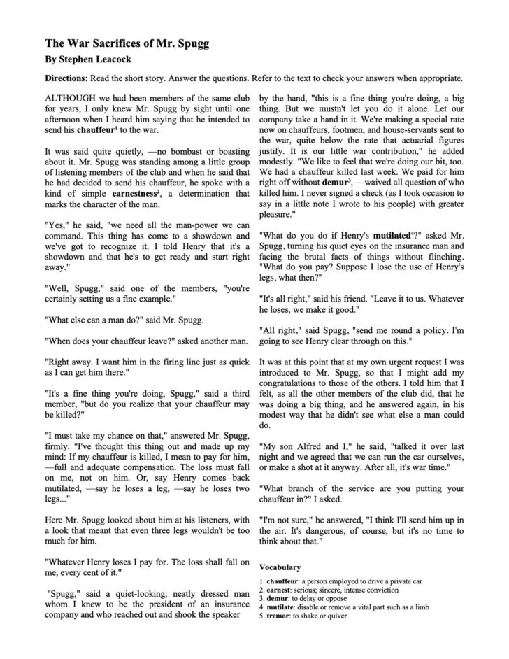 Grade 7 Story Worksheets Google