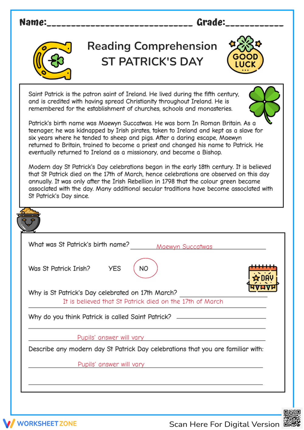 Short Story Worksheets &amp;amp; Printable for St Patricks Day Reading Comprehension Worksheets Free