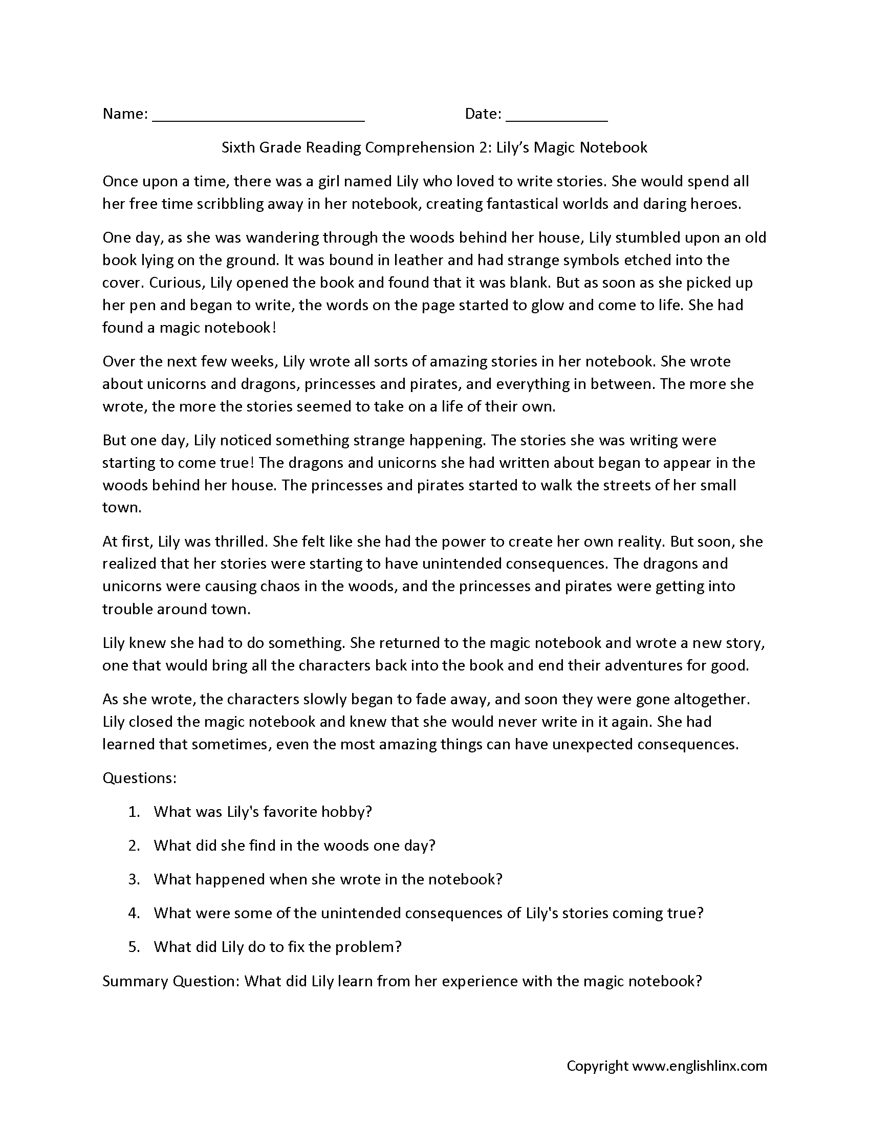 Sixth Grade Reading Comprehension Worksheets | Free Printable 6Th in Reading Comprehension Worksheet For Year 6