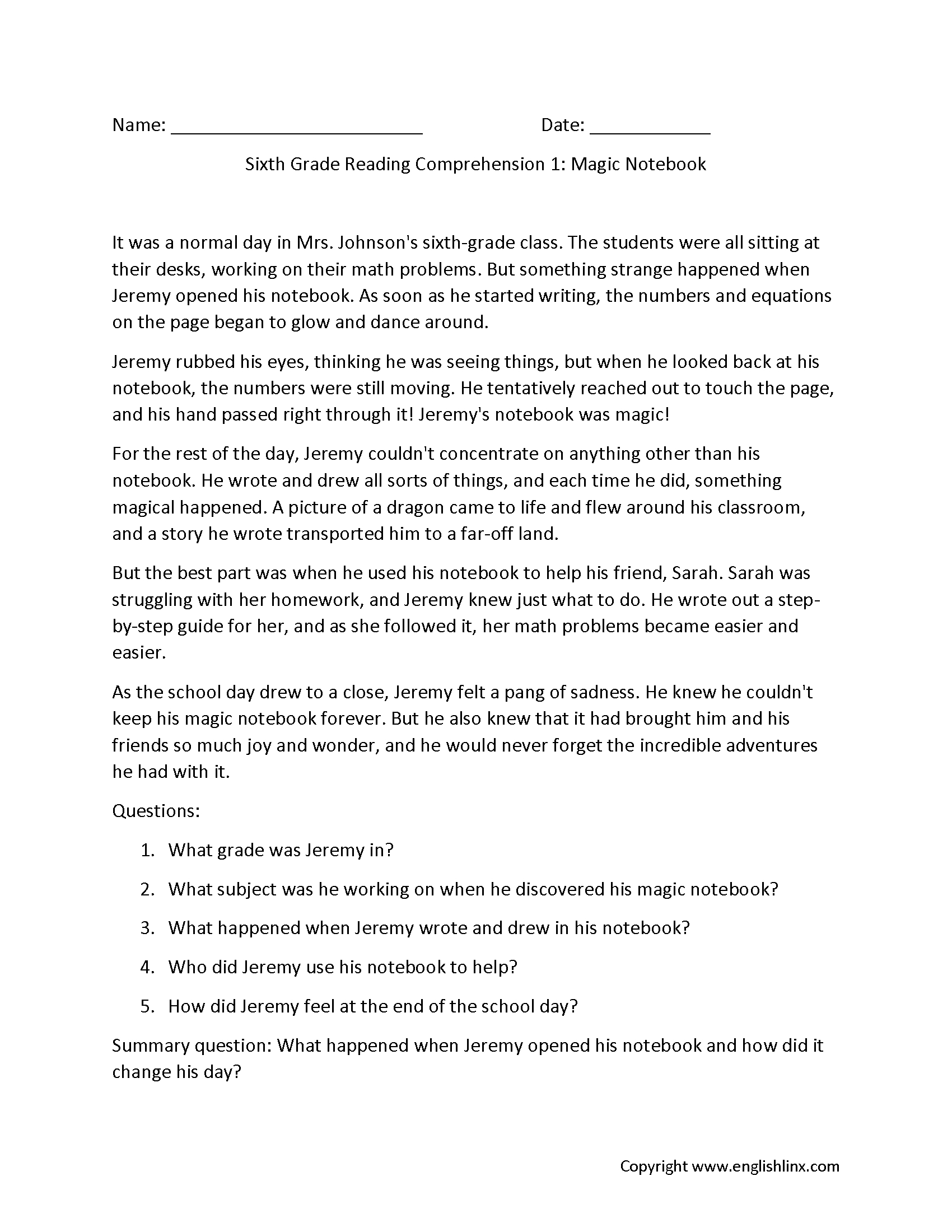 Sixth Grade Reading Comprehension Worksheets | Free Printable 6Th throughout Reading Comprehension Test Grade 6 Worksheets