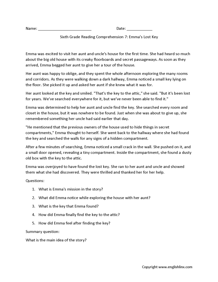 Year 6 Comprehension Worksheets Printable Free