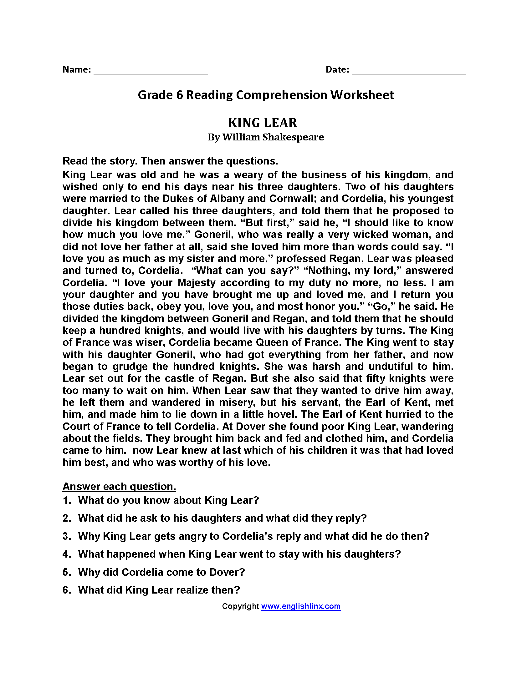 Sixth Grade Reading Worksheets | Vocabulary &amp;amp; Fluency Practice (Pdf) for Reading Comprehension Test Grade 6 Worksheets