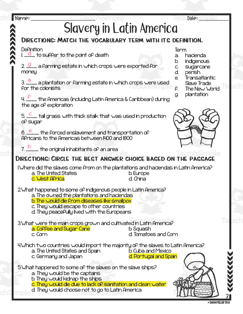Slavery In Latin America Reading Packet inside Slavery Reading Comprehension Worksheets