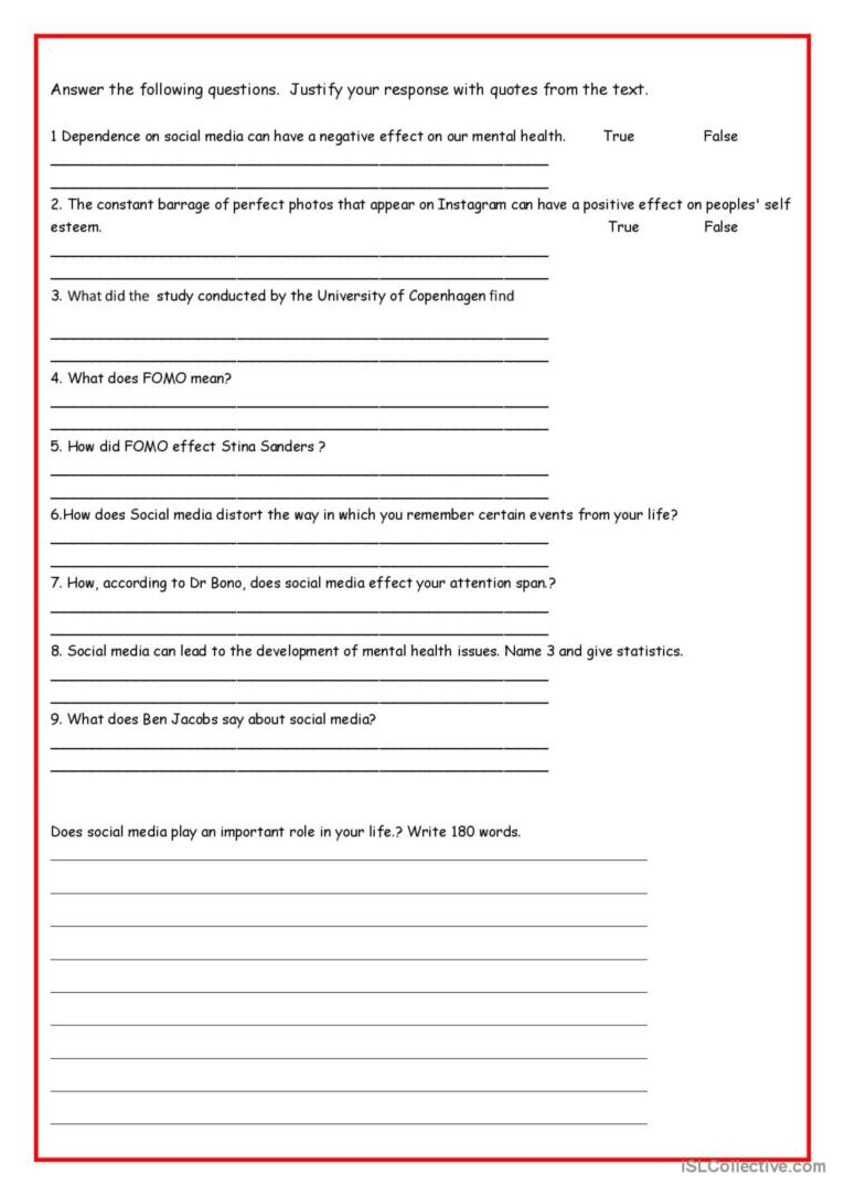 Social Media And Mental Health Readi…: English Esl Worksheets Pdf with Social Media Reading Comprehension Worksheets Grade 5