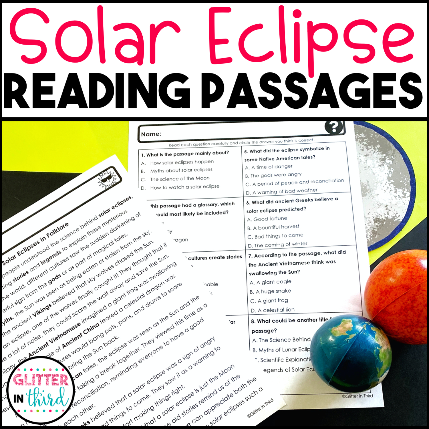 Solar Eclipse Reading Comprehension Passages Worksheets - Glitter for Solar Eclipse Reading Comprehension Worksheet