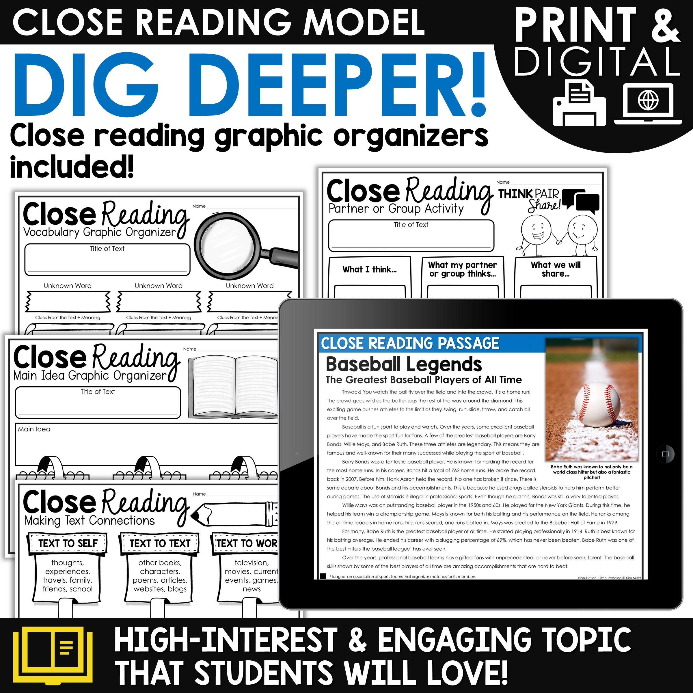 Spring Baseball Close Reading Comprehension Passages &amp;amp; Questions with Baseball Passage Reading Comprehension Worksheets