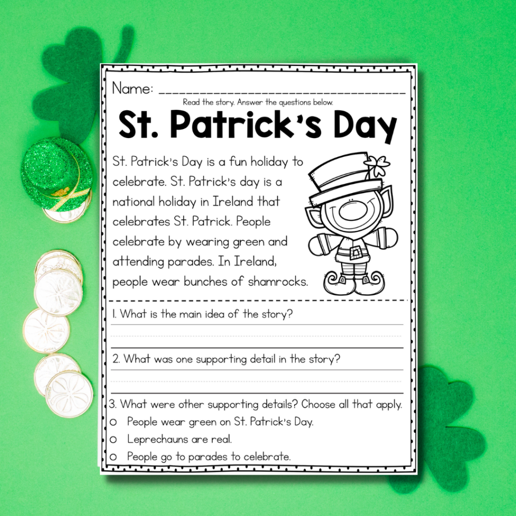 St. Patrick&amp;#039;S Day Main Idea Freebie - Missing Tooth Grins inside St Patricks Day Reading Comprehension Worksheets Free