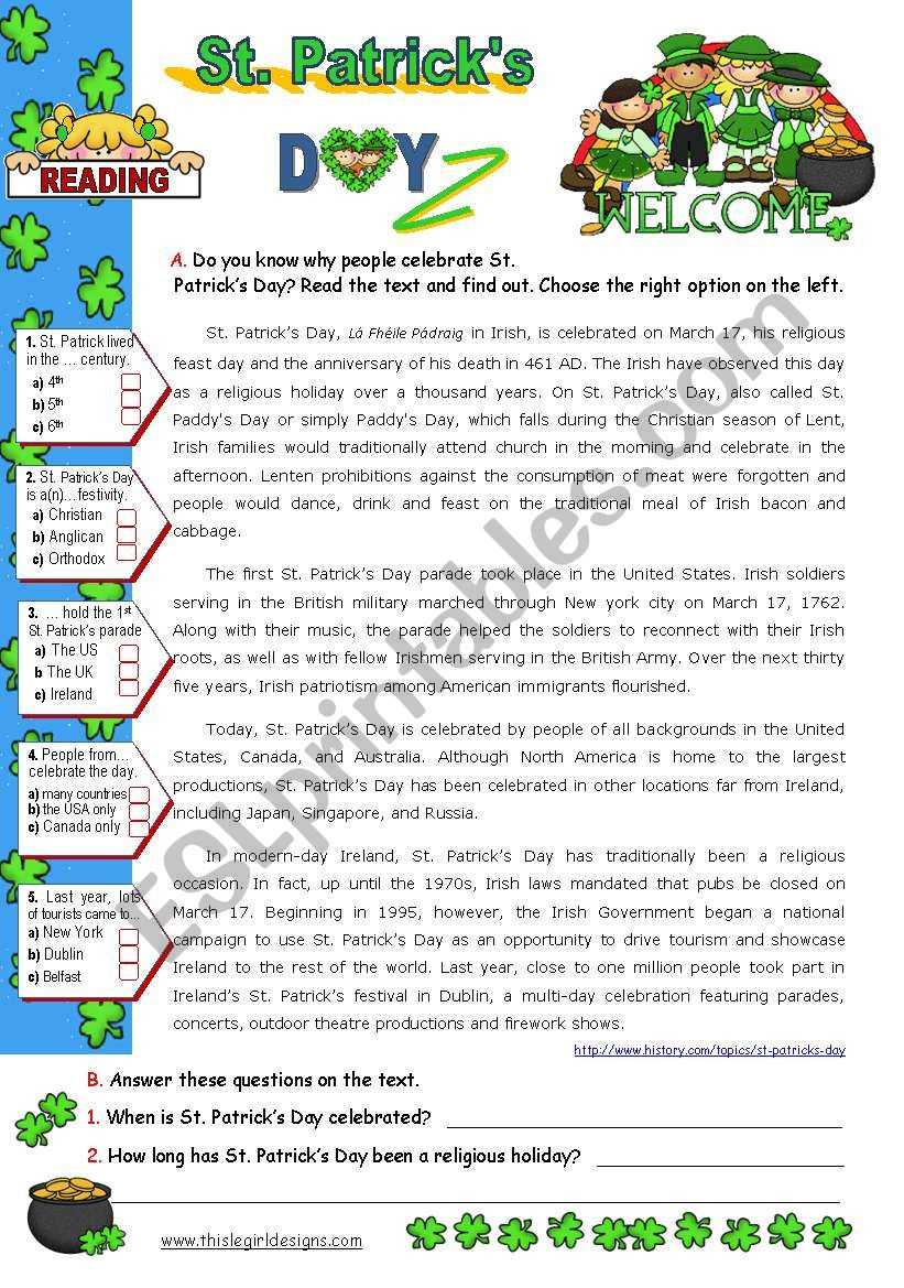 St. Patrick´s Day Set (2) - Reading Comprehension - Esl Worksheet with regard to St Patrick&amp;amp;#039;s Day Reading Comprehension Worksheets