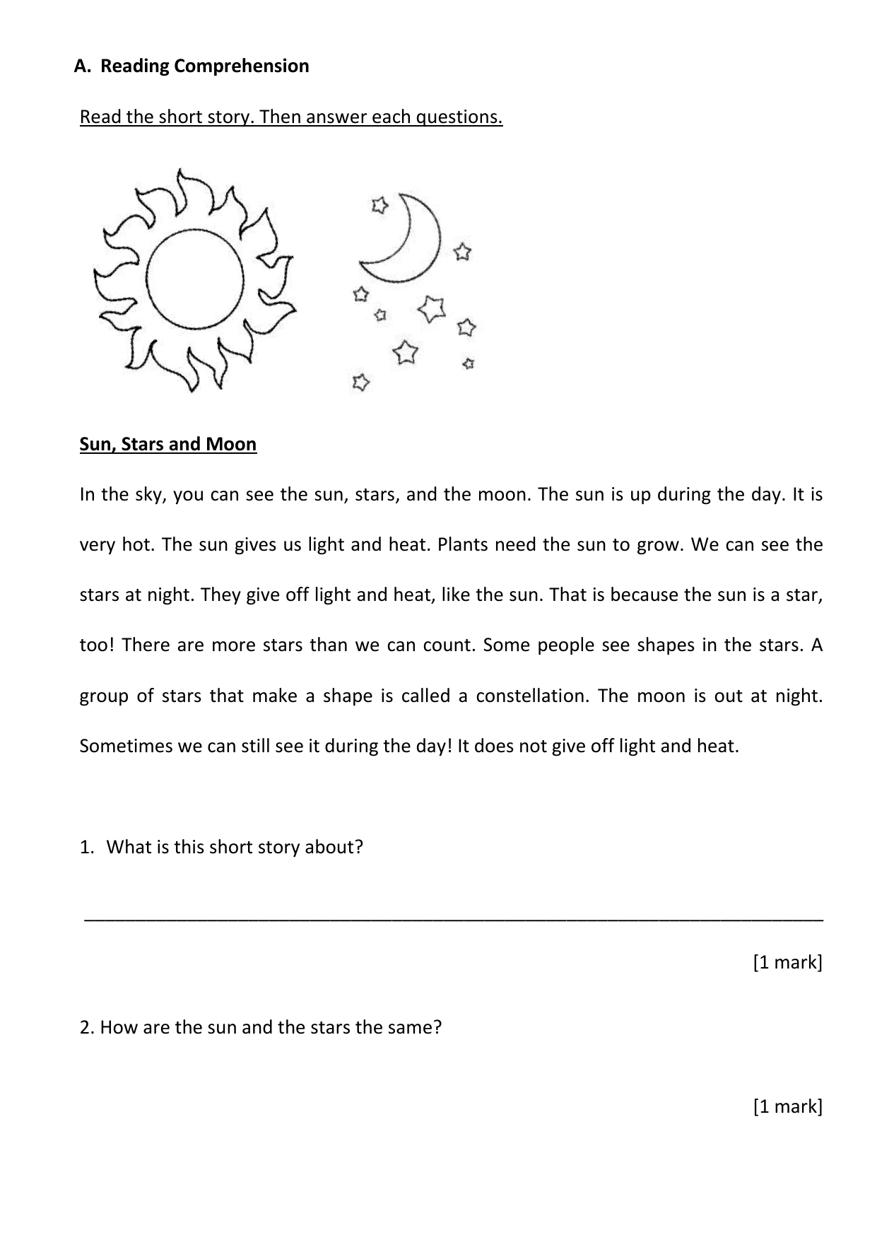 Sun, Stars, Moon Worksheet: Reading, Grammar, Writing intended for Constellation Reading Comprehension Worksheets