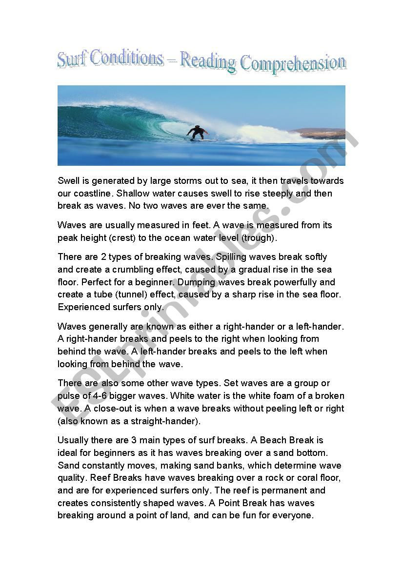 Surf Conditions Reading Comprehension - Esl Worksheetsoulofsurf for Reading Comprehension On Waves Worksheets