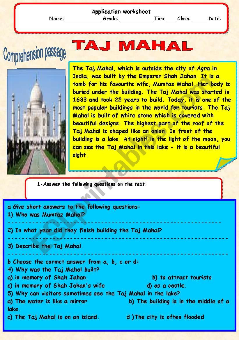Taj Mahal - Esl Worksheetadel A within Taj Mahal Reading Comprehension Worksheet