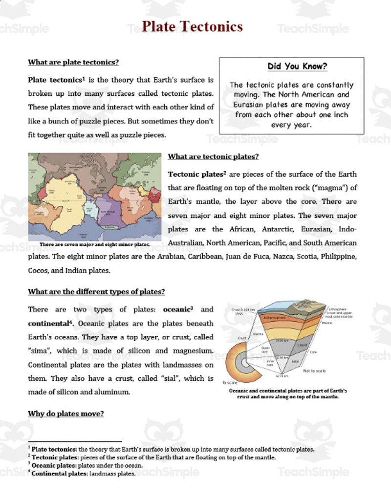 Tectonic Plates - Digital Science Reading Article - Grades 5-7 with regard to Plate Boundaries Reading Comprehension Worksheet