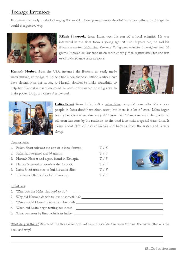 Teenage Inventors - Reading Workshee…: English Esl Worksheets Pdf with regard to Reading Comprehension Worksheet For Teens
