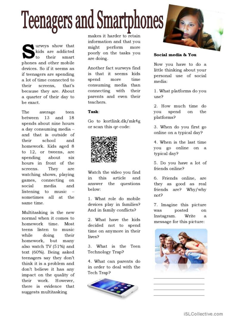 Teenagers And Smartphones Reading Fo…: English Esl Worksheets Pdf pertaining to Reading Comprehension Worksheet For Teens