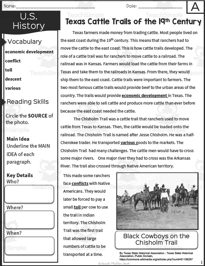 Texas Cattle Trails Of The 19Th Century Reading Packet for Texas Revolution Reading Comprehension Worksheets