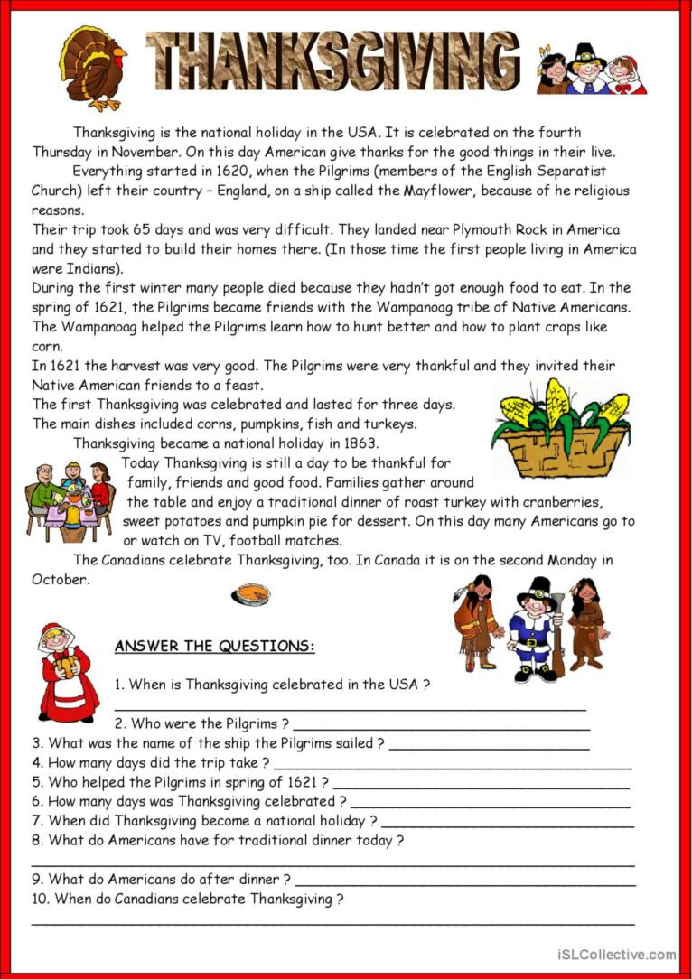 Thanksgiving &amp;amp; Key Reading For Deta…: English Esl Worksheets Pdf &amp;amp; Doc with Reading Comprehension Worksheets Thanksgiving