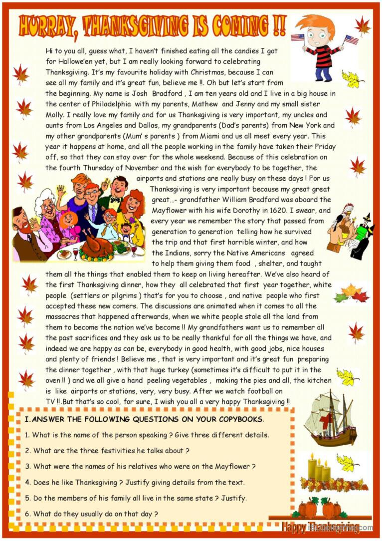 Thanksgiving : Reading Comprehension…: English Esl Worksheets Pdf pertaining to Reading Comprehension Worksheets Thanksgiving