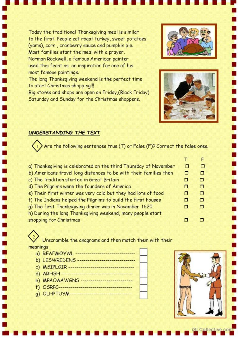 Thanksgiving : Reading For Pre- Inte…: English Esl Worksheets Pdf pertaining to Literature Reading Comprehension Worksheets Pre-Intermediate
