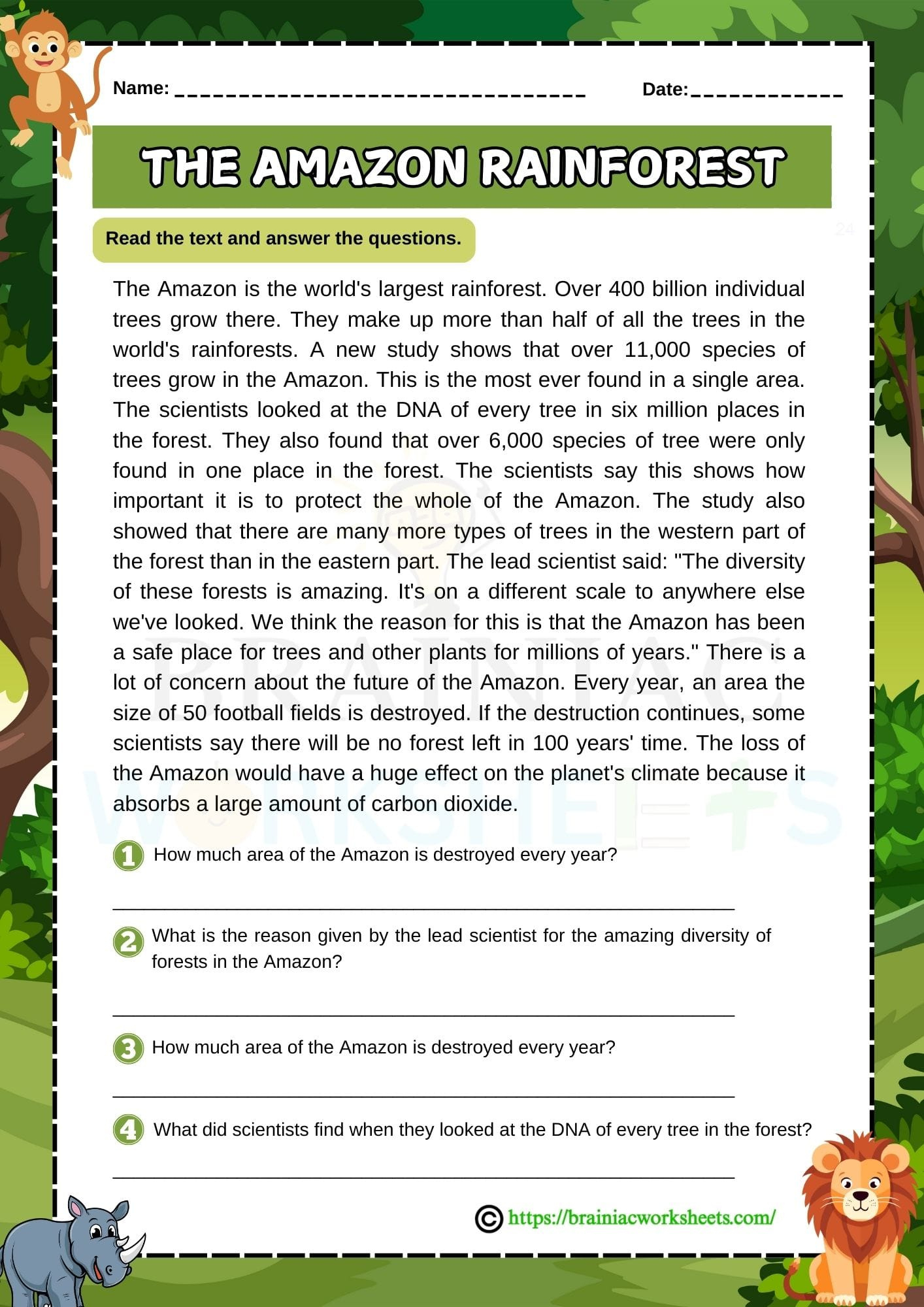 The Amazon Rainforest Reading Comprehension English Worksheet For with Rainforest Reading Comprehension Worksheets