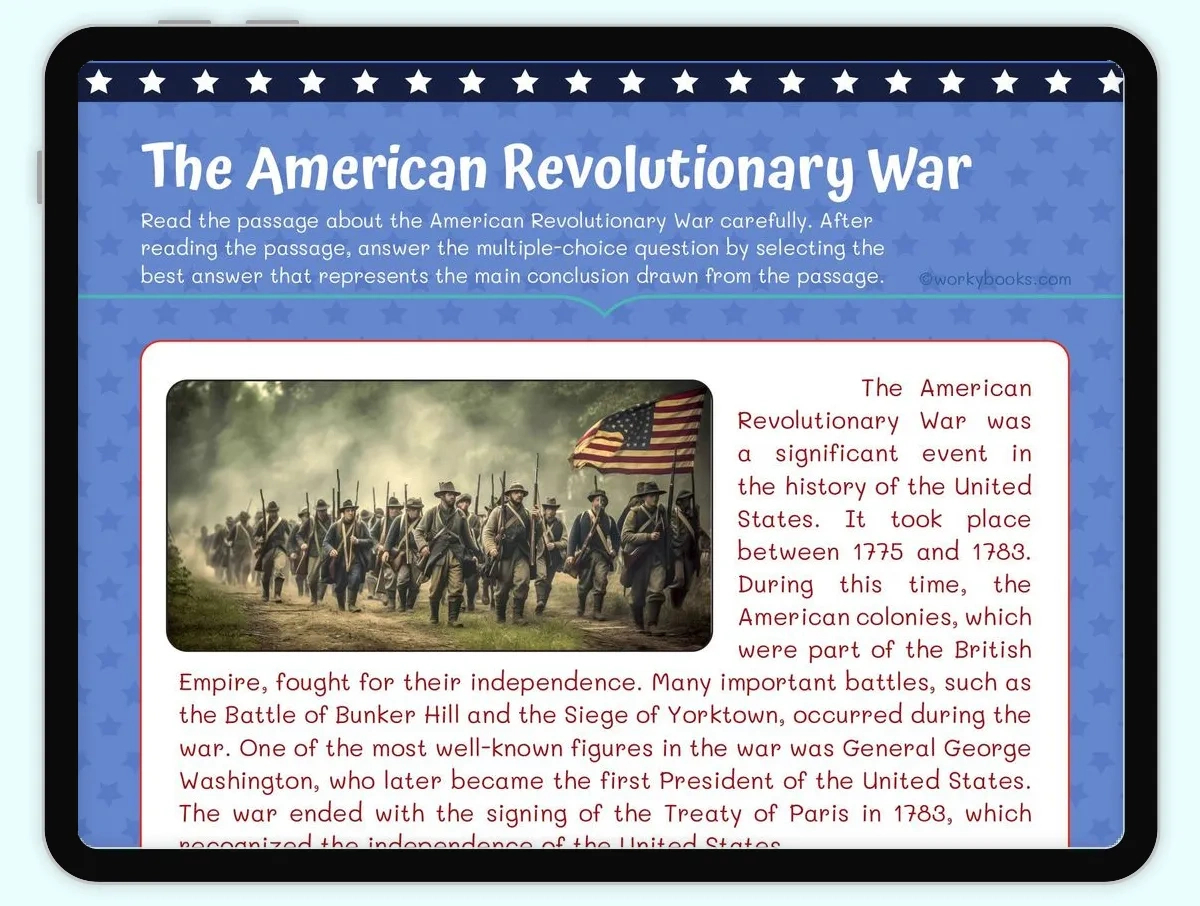 The American Revolutionary War Worksheet | W.5.3.E-1 | Workybooks regarding Revolutionary War Reading Comprehension Worksheets