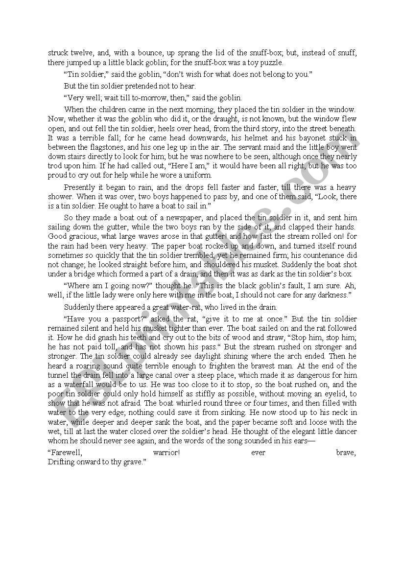 The Brave Tin Soldierch. Andersen - Esl Worksheetlucia Hronska with regard to Grade 3 Reading Comprehension Worksheet the Brave Tin Soldier