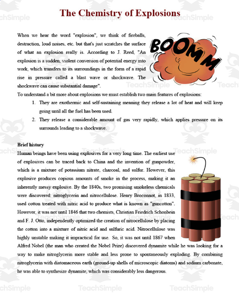 The Chemistry Of Explosives - A Science Reading Comprehension Resource inside Chemistry Reading Comprehension Worksheets