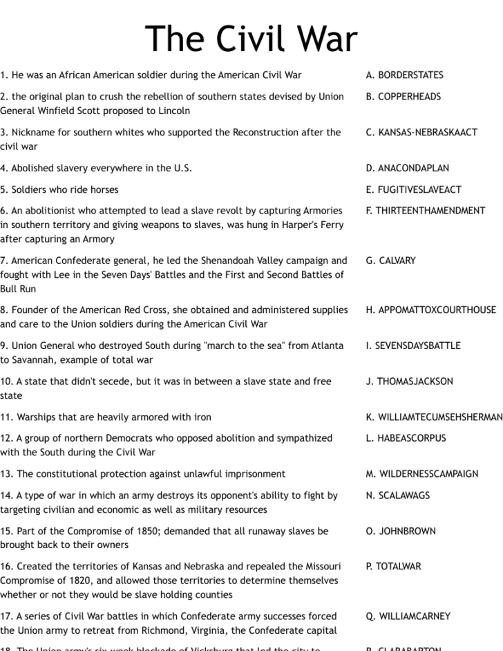 Causes of the American Civil War Overview Reading Comprehension Worksheet