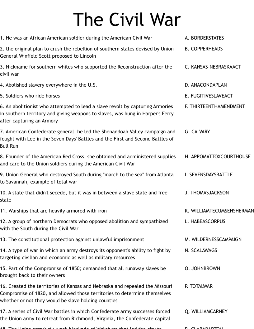 The Civil War Worksheet - Wordmint with regard to Causes of the American Civil War Overview Reading Comprehension Worksheet