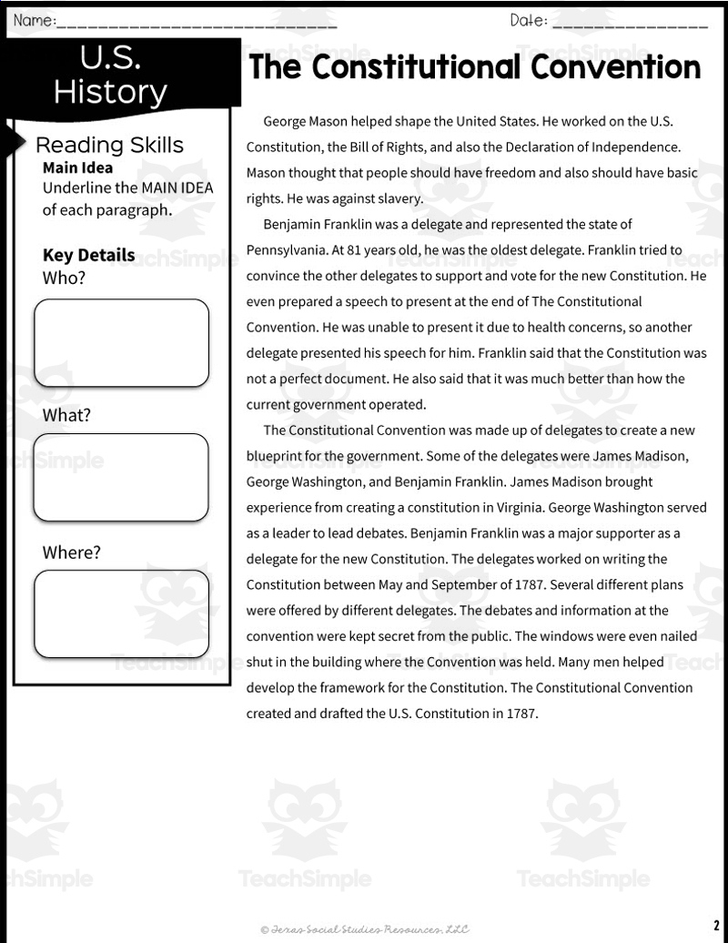 The Constitutional Convention Reading Packet inside Constitution Reading Comprehension Worksheet