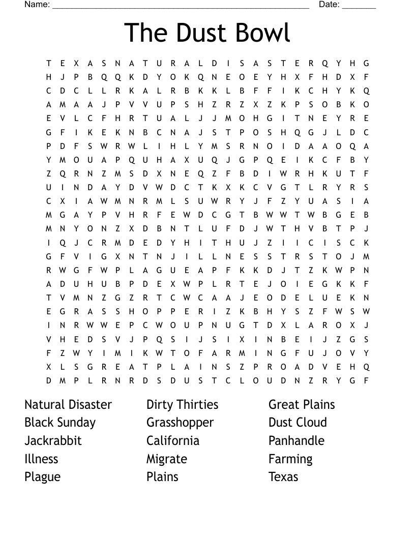 The Dust Bowl Word Search - Wordmint with Dust Bowl Reading Comprehension Worksheets