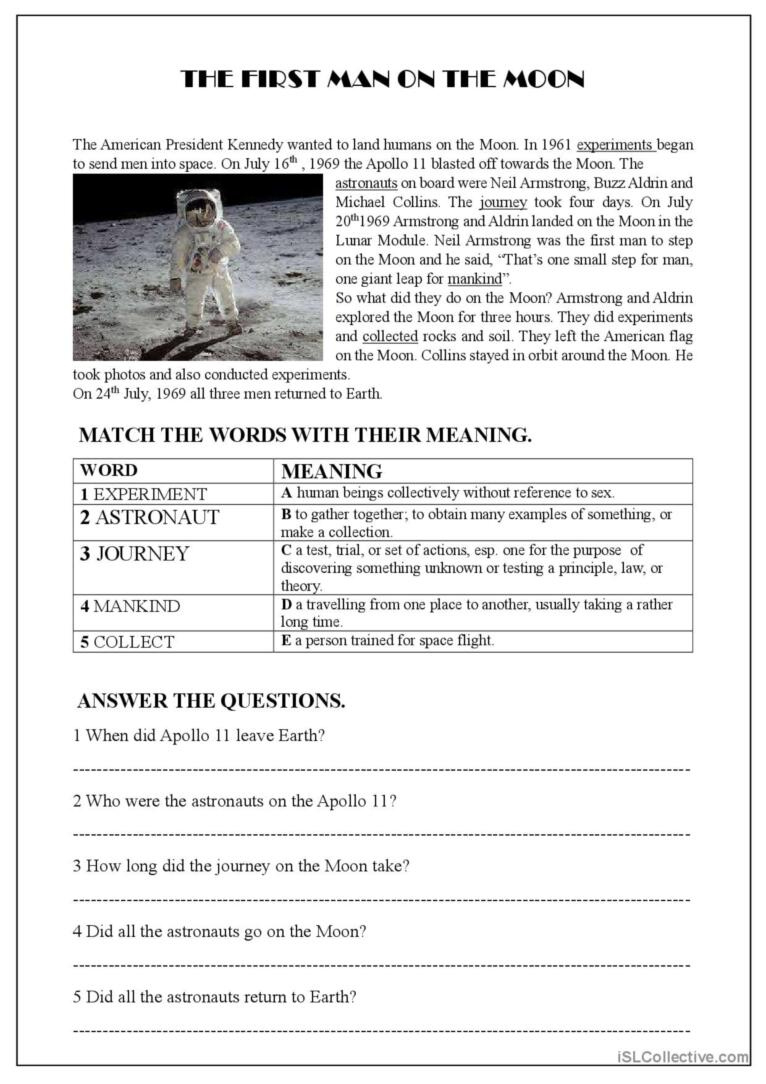 The First Man On The Moon - Reading…: English Esl Worksheets Pdf &amp;amp; Doc in Moon Reading Comprehension Worksheets