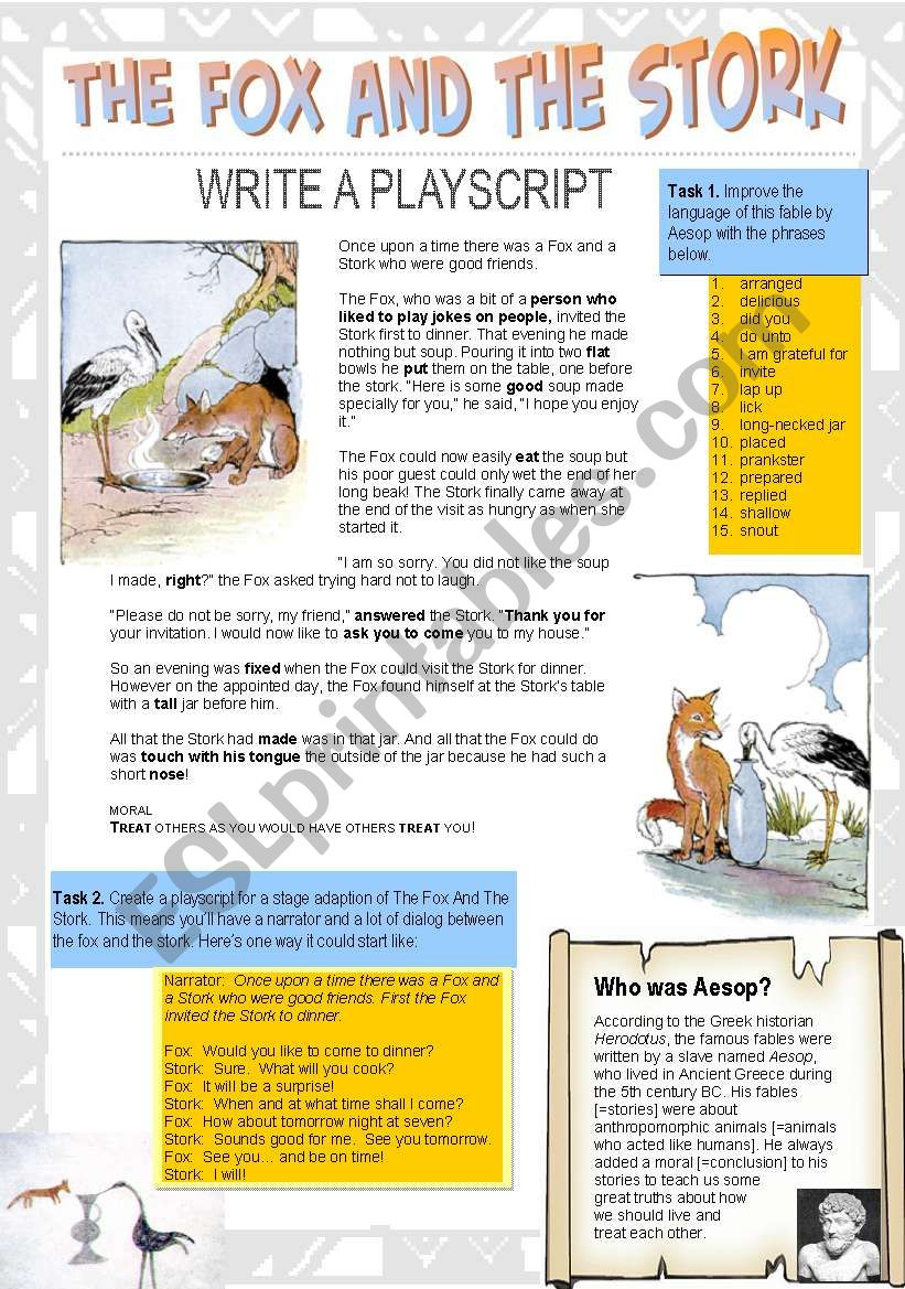 The Fox And The Stork (Aesop Fable+Short Playscript) - Esl intended for Playscript Comprehension Worksheets