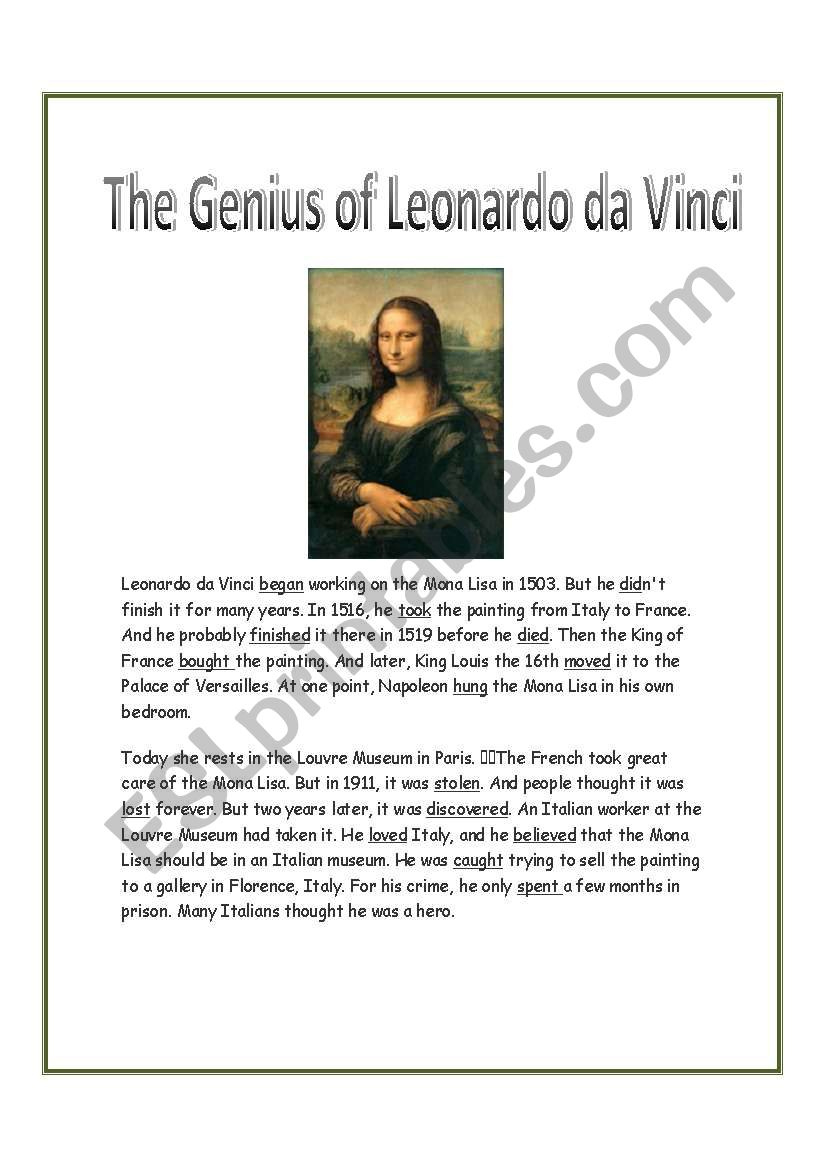 The Genius Of Leonardo Da Vinci - Esl Worksheetsalaskas1 regarding Leonardo Da Vinci Reading Comprehension Worksheet