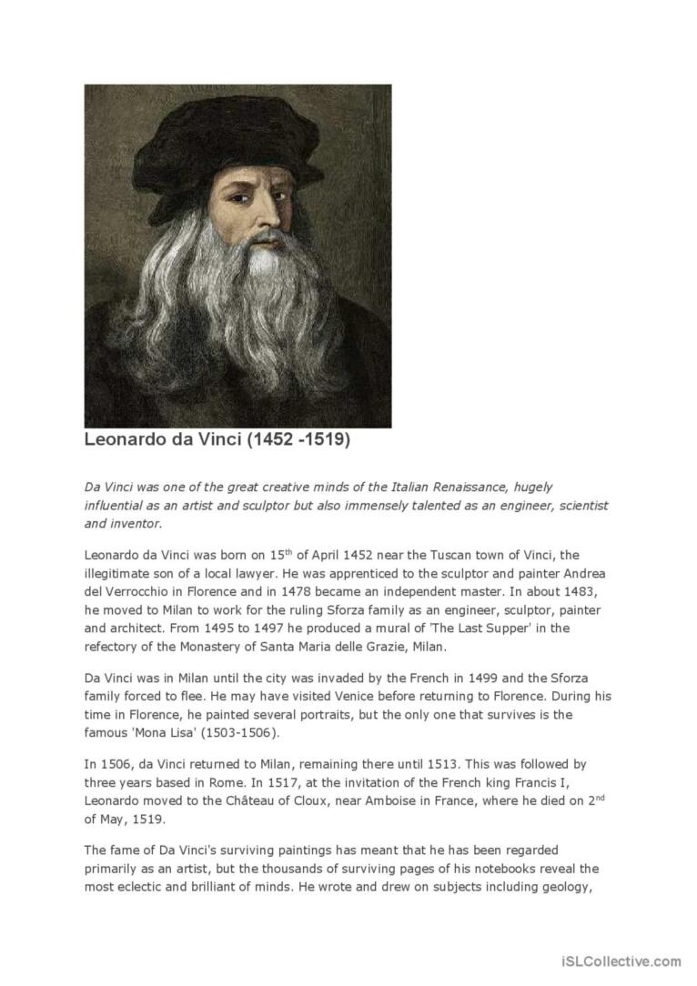 The Genius Of Leonardo Da Vinci Re…: English Esl Worksheets Pdf &amp;amp; Doc regarding Leonardo Da Vinci Reading Comprehension Worksheet
