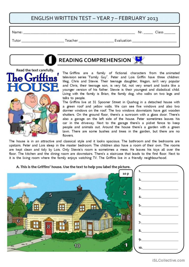 The Griffins&amp;#039; House - A 4Page Test R…: English Esl Worksheets Pdf throughout Preposition Reading Comprehension Worksheets