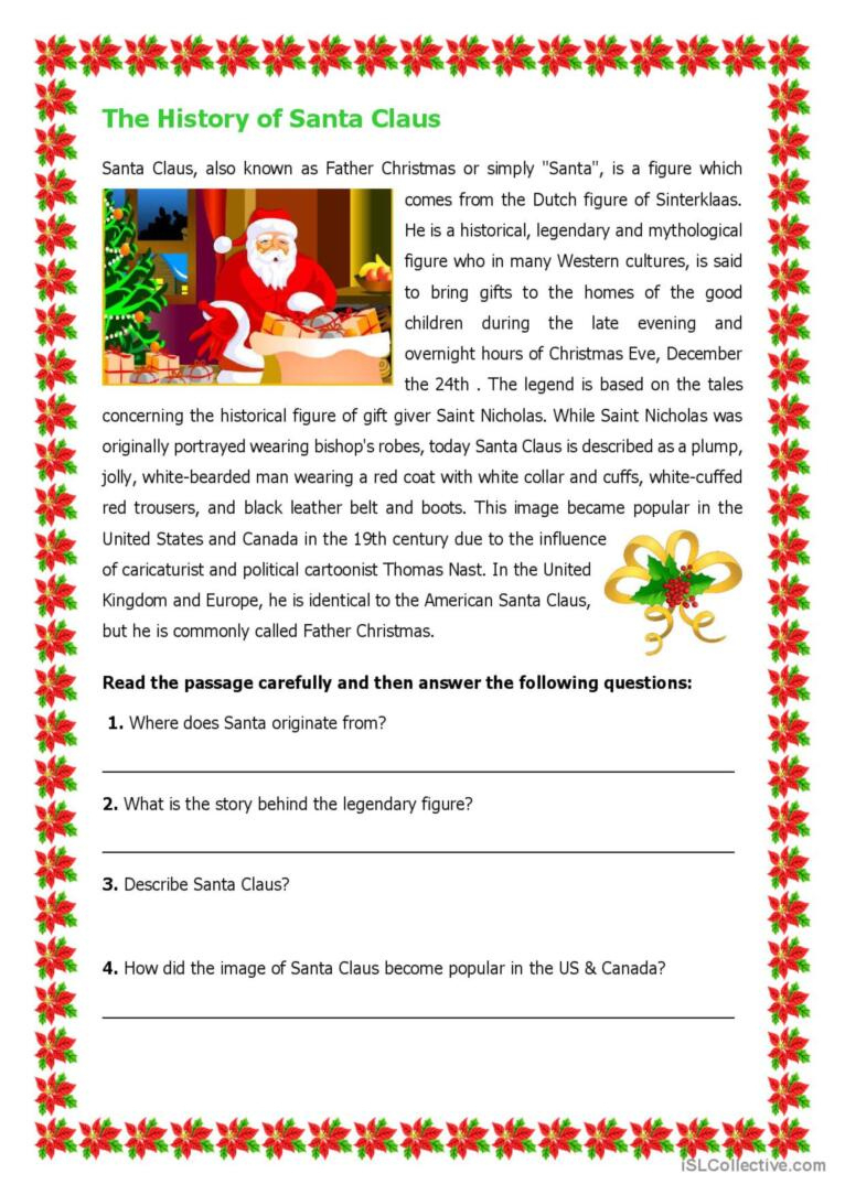 The History Of Santa Claus Reading F…: English Esl Worksheets Pdf with Historical Fiction Reading Comprehension Worksheets