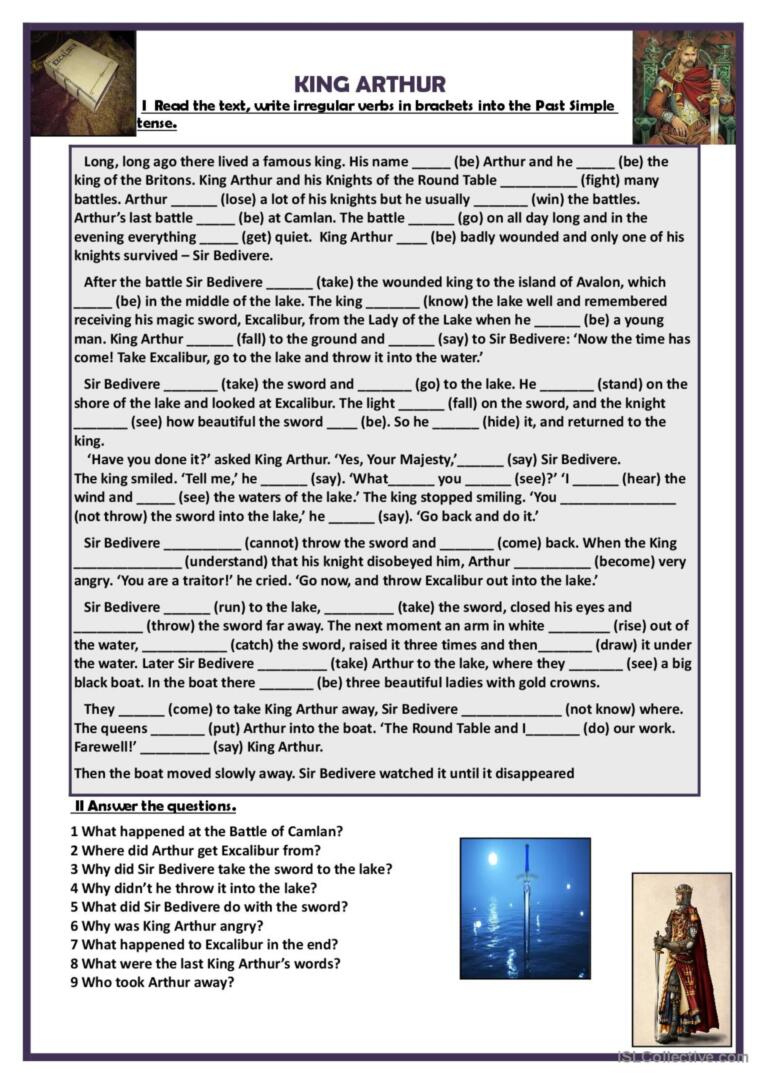 The Legend Of King Arthur - Past Sim…: English Esl Worksheets Pdf pertaining to King Arthur Story Comprehension Worksheets