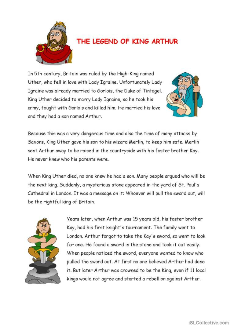 The Legend Of King Arthur Reading Fo…: English Esl Worksheets Pdf with King Arthur Story Comprehension Worksheets