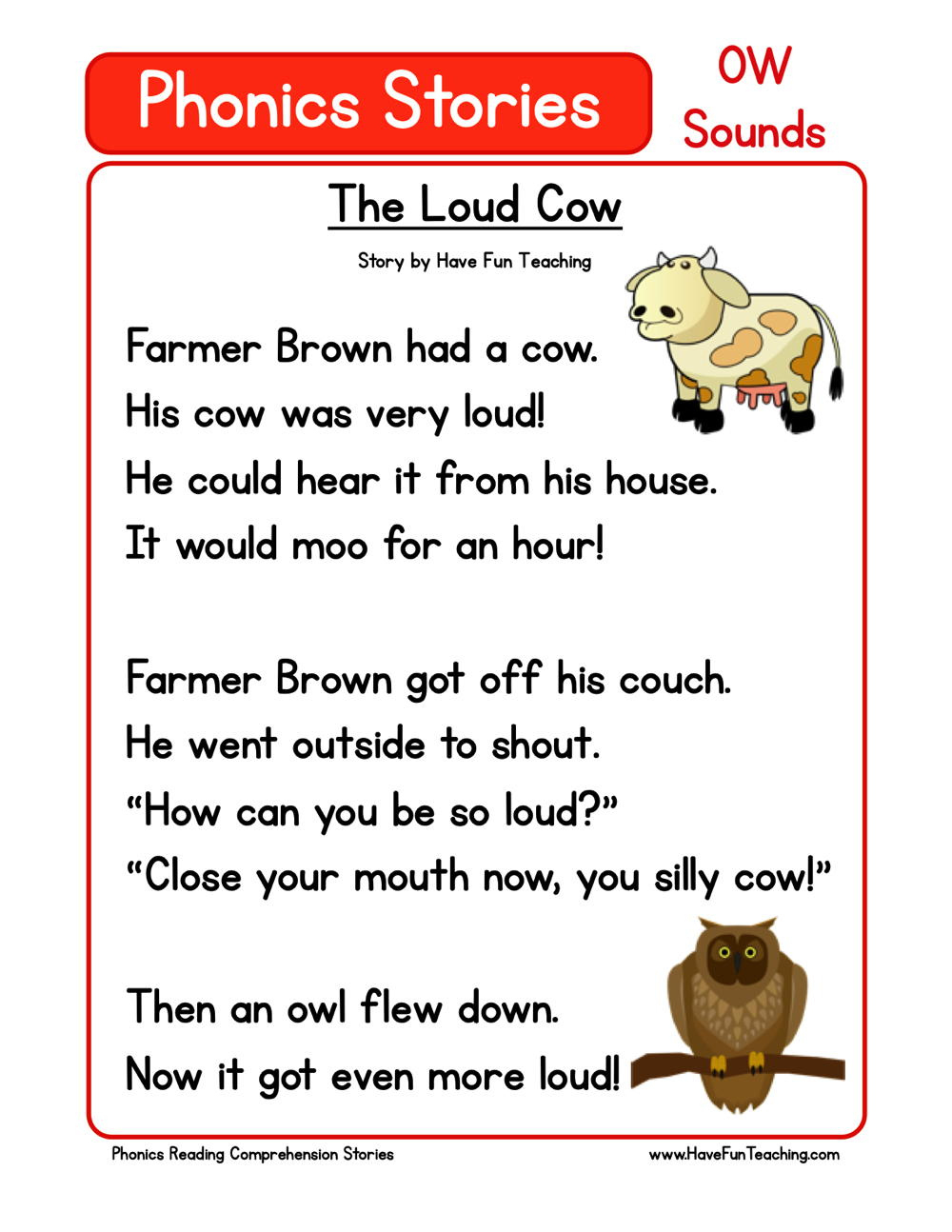 The Loud Cow Phonics Reading Comprehension Story Worksheet - Ow intended for Fun Reading Comprehension Worksheets