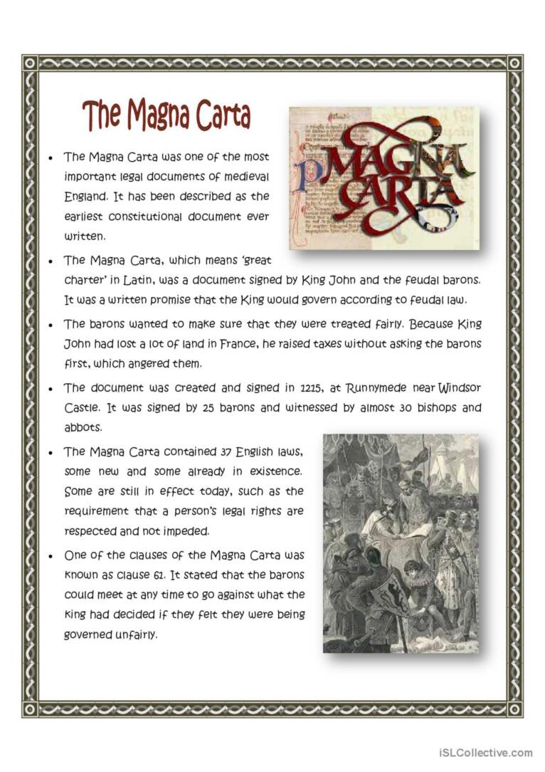 The Magna Carta: English Esl Worksheets Pdf &amp;amp; Doc for Magna Carta Reading Comprehension Worksheet
