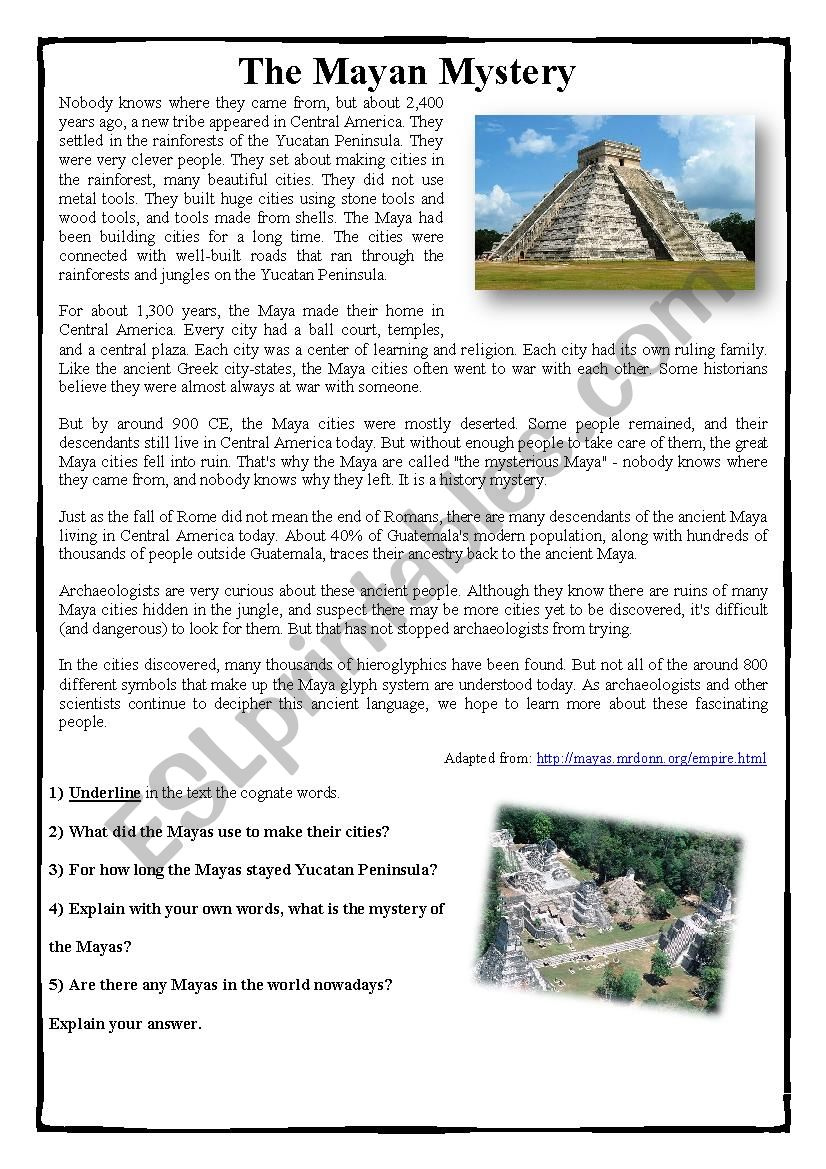 The Mayan Mystery - Reading - Esl Worksheetdany.faryas86 in Mayan Reading Comprehension Worksheet