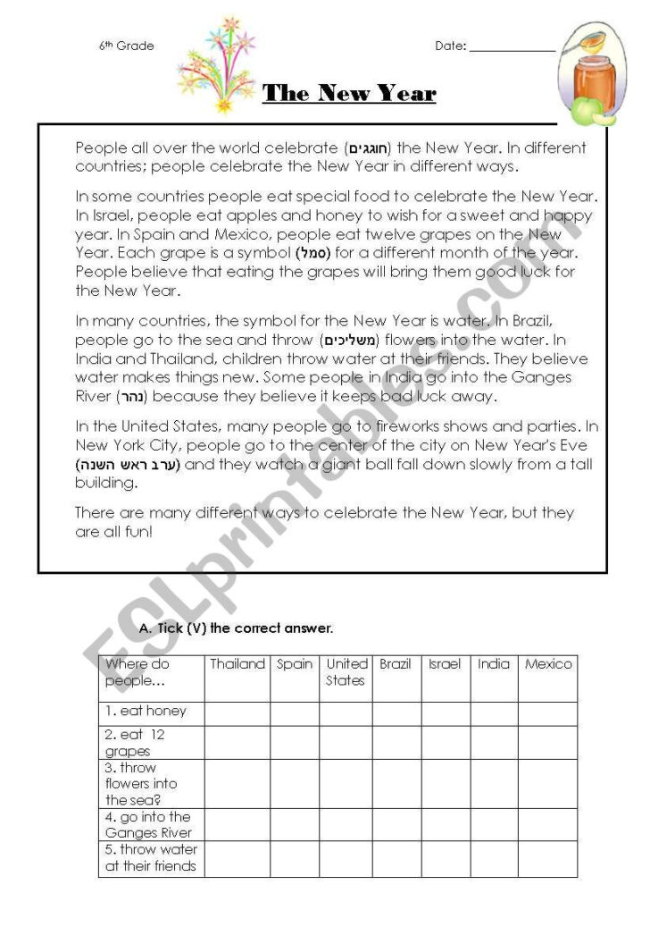 New Year’s Reading Comprehension Worksheets