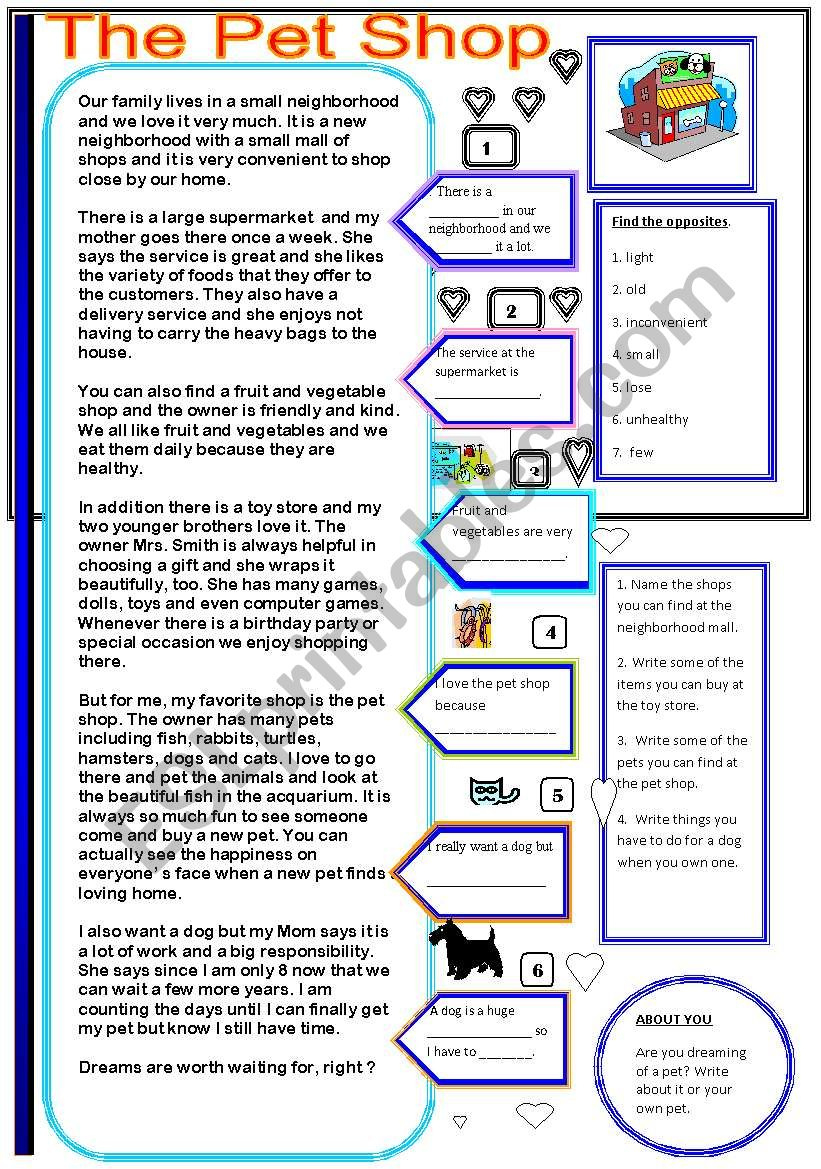 The Pet Shop - Esl Worksheetmoma regarding Grade 5 Reading Comprehension Worksheet The Pet Shop