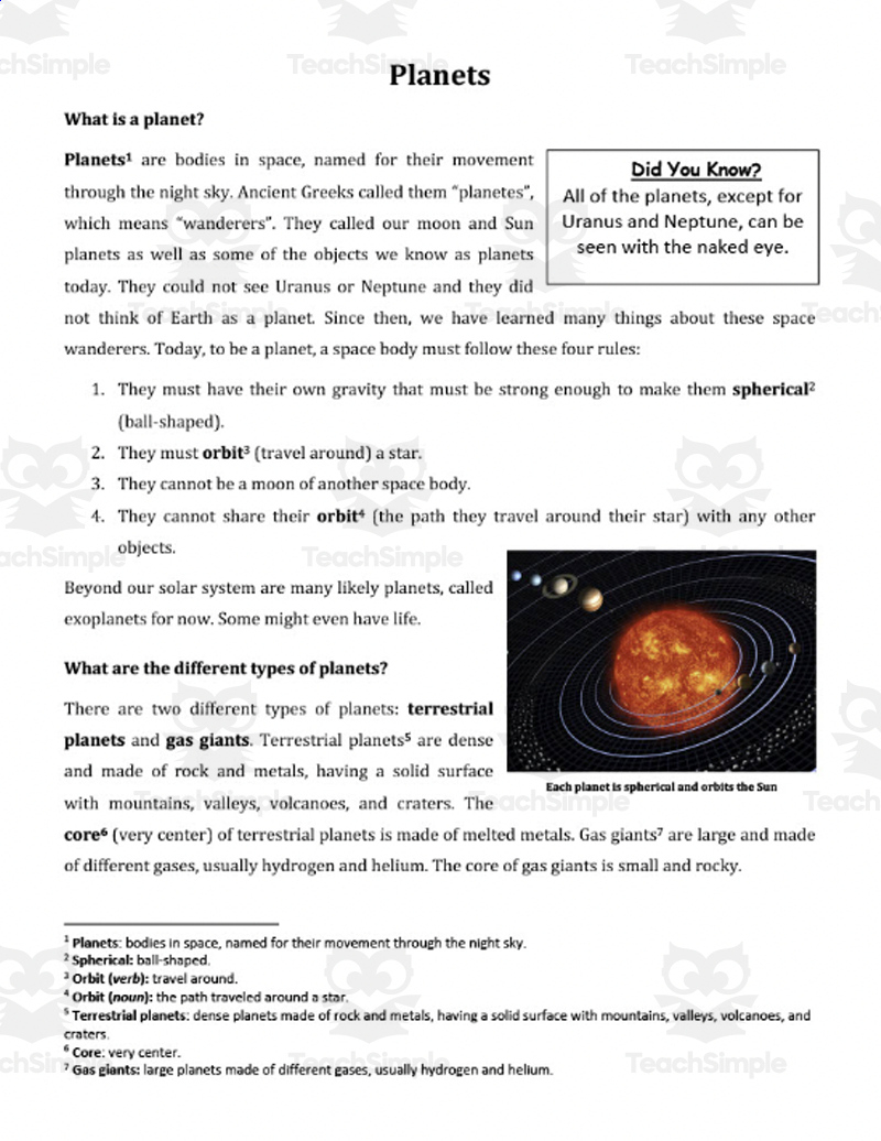 The Planets Of Our Solar System - Digital Science Reading Article - Grades 5-7 pertaining to The Solar System Reading Comprehension Worksheet