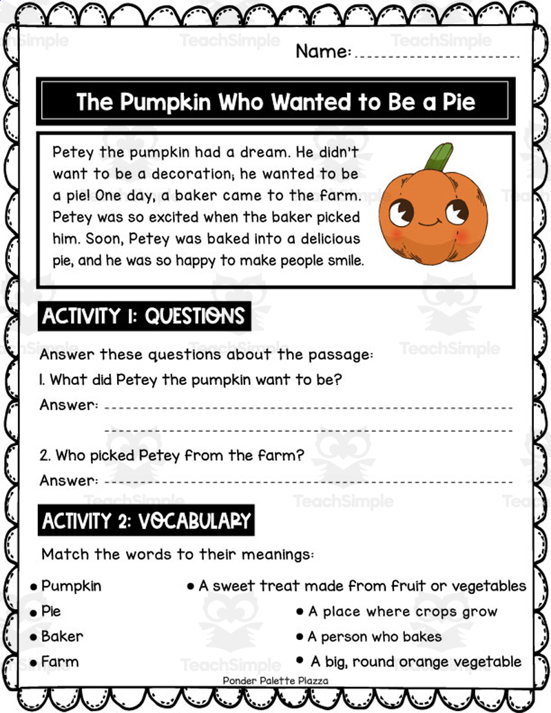 The Pumpkin Who Wanted To Be A Pie Reading Passage - Halloween Reading with Pumpkin Reading Comprehension Worksheet